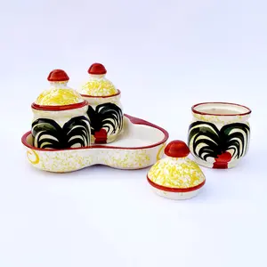 KHURJA POTTERY Pickle Jar Storage Masala Container Aachar Chutney Serving Canister Condiment Set with Tray for Dining Table (Set of 3 Yellow Green and Red) Microwave and Dishwasher Safe