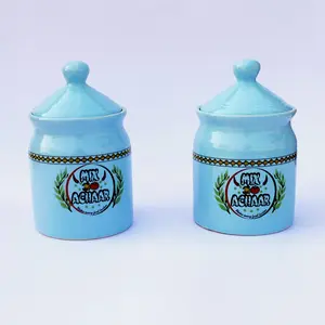 KHURJA POTTERY Pickle Jar Storage Burni Masala Container Aachar Chutney Serving Marmalade Barni Canister Ceramic Handpainted Jar (Blue 500ml each) Dishwasher Safe