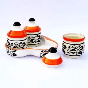 KHURJA POTTERY Pickle Jar Storage Masala Container Aachar Chutney Serving Canister Condiment Set with Tray for Dining Table (Set of 3 Black & Orange) Microwave and Dishwasher Safe