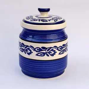 KHURJA POTTERY Pickle Jar Storage Burni Masala Container Aachar Chutney Serving Marmalade Barni Canister Ceramic Handpainted (Blue - White 1250ml) Dishwasher Safe