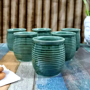 KHURJA POTTERY Studio Pottery Ceramic Coffee Kullad Cups Set of 6 (Green 180 ml Each Microwave & Dishwasher Safe) | Tea | Hand Glazed & Handmade | Special Rare Edition | Perfect for Gifting
