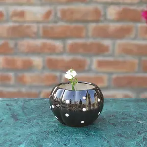 KHURJA POTTERY Planter Pot Flower Indoor Outdoor Home Office Balcony Decor Garden Ceramic (Color : Black with White Dots Diameter : 13 CM Height : 10 CM) Weight :: 508 GM