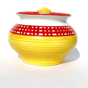 KHURJA POTTERY Dahi Serving Biryani Handi Storage Curd Dishes Pickle Achar Marmalade Canister Container Handpainted Pot Ceramic Jar (Red & Yellow 2000 ml) Microwave and Dishwasher Safe