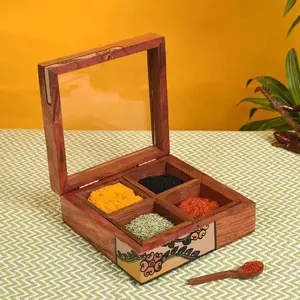 KHURJA POTTERY 'Squared Spices' Hand-painted Wooden Masala Box Wooden Spice Box - Spice Box Rack Spice Storage Container for Kitchen Spice Jar with 4 Containers & Spoon