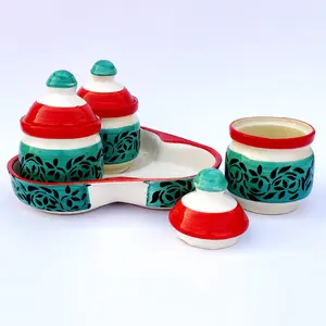 KHURJA POTTERY Pickle Jar Storage Masala Container Aachar Chutney Serving Canister Condiment Set with Tray for Dining Table (Set of 3 Blue and Black) Microwave and Dishwasher Safe