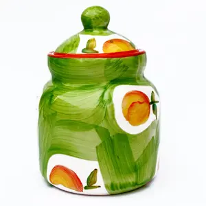 KHURJA POTTERY Pickle Storage Burni Masala Condiment Aachar Chutney Serving Marmalade Barni Canister Ceramic Handpainted Jar (Green) Microwave & Dishwasher Safe