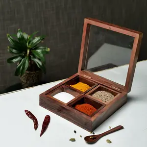 KHURJA POTTERY 'Squared Spices' Wooden Masala Box For Kitchen | Wooden Spice Box Square Spice Storage Container | 4 Spice Containers & Spoon