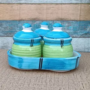 KHURJA POTTERY Pickle Jar Storage Container Aachar Chutney Serving Canister Set with Tray (Set of 3 Blue - Green) | Condiment Set | Masala Container | Pickle and Chutney Jar Set for Dining Table
