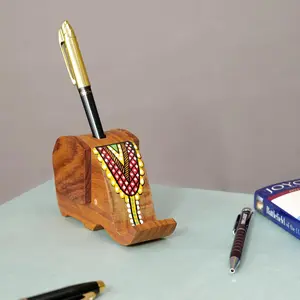 KHURJA POTTERY 'Jewel Trunk' Elephant Design Wooden Pen Holder Multipurpose Pen Stand Cum Mobile Holder For Desk And Office Mobile Stand Cum Desk Organizer