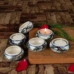 KHURJA POTTERY White Leaflet Hand-Painted Ceramic Tealight Candle Holders (White) - Set of 6