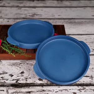KHURJA POTTERY 'Pastel Blue' Serving Platter for Snacks - Platters Pizza Serving Ceramic Platter Starter Plates Blue Pottery Microwave Safe (Set of 2 Matte Finish)