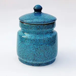 KHURJA POTTERY Pickle jar Storage Burni Masala Container Aachar Chutney Serving Marmalade Barni Canister Ceramic Handpainted Jar (Blue - Black 1250ml) Dishwasher Safe