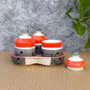 KHURJA POTTERY Pickle Jar Storage Container Aachar Masala Chutney Serving Canister Set with Tray (Set of 3 Grey - Orange - Black) | Condiment Set | Pickle and Chutney Jar Set for Dining Table