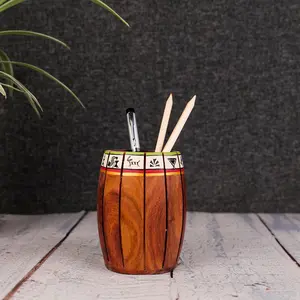 KHURJA POTTERY 'Warli Barrel' Wooden Cutlery Holder for Kitchen | Handpainted Spoon and Fork Stand cum Pen Stand for Study Table (4.7 x 3.8 Inch Brown)