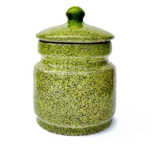 KHURJA POTTERY Pickle Jar Storage Burni Masala Container Aachar Chutney Serving Marmalade Barni Canister Ceramic Handpainted Jar (Green - Black Spray 1250ml) Dishwasher Safe