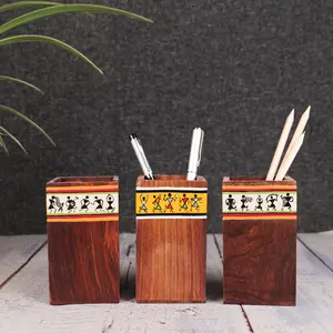 KHURJA POTTERY 'Warli Trio' White & Yellow Wooden Cutlery Holder for Kitchen | Handpainted Spoon and Fork Stand For Dining Table cum Pen Stand for Study Table (3.9 X 3.9 X 5 Inch Brown)