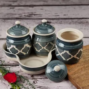 KHURJA POTTERY 'Dark Moroccan' Ceramic Pickle Jars for Dining Table Studio Pottery Chutney & Pickel Container Jar with Tray (Set of 3 Grey & White 240 ML)
