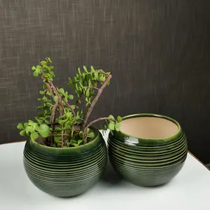 KHURJA POTTERY 'Olive Ridged' Ceramic Planter Pots for Indoor Plants Flower Pots for Garden Decoration Items (Set of 2 Green)