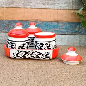 KHURJA POTTERY Pickle Jar Storage Container Aachar Chutney Serving Canister Set with Tray (Set of 3 Red - Black Floral) | Condiment Set | Masala Container | Pickle and Chutney Jar Set for Dining Table