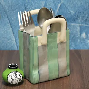 KHURJA POTTERY Green abd Grey Striped Ceramic Multipurpose Cutlery Holder Spoon Fork and Knife Stand For Kitchen Cutlery Cum Desk Organizer (10 x 6 x 14.5 cm)