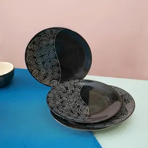 KHURJA POTTERY 'Creeping Vine' Black Ceramic Plates for Dinner Stoneware Dinner Plate Dinnerware Serving Plates Microwave Safe and Dishwasher Safe (Set of 4 10.2 Inch)