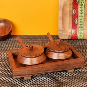 KHURJA POTTERY Wooden Small Jar Set of 2 With Tray and Spoon | Wooden Table Top Refreshment Containers For Kitchen | Decorative Mukhwas Jar Set
