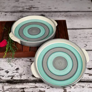 KHURJA POTTERY 'Minty Spirals' Serving Platter for Snacks - Platters Pizza Serving Ceramic Platter Starter Plates Microwave Safe (Set of 2 Light Grey & Mint Green)