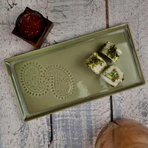 KHURJA POTTERY 'Paisley Rectangle' Green Ceramic Platter for Serving | Platter Plate for Snacks Starters for Home Office | Apetizer Tray for Hotel & Restaurnats