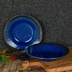 KHURJA POTTERY 'Hemmed Blue' Pasta Plate Ceramic Studio Pottery Snacks & Noodles Plates (Set of 2 Dark Blue & Deep Grey 7.1" (L) 7.1" (W) 1.5" (H) Inch)