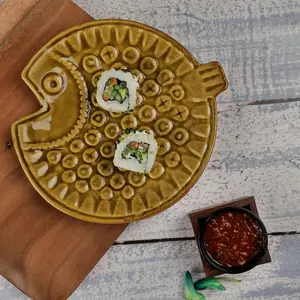 KHURJA POTTERY 'Ochre Fish' Serving Platter for Snacks - Platters Ceramic Platter Starter Plates Microwave Safe (Yellow Ochre)
