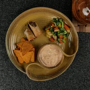 KHURJA POTTERY 'Caramel Swirl' Chip & Dip Platter Serving Platter for Snacks - Platters Ceramic Platter Chip & Dip Platters Starter Plates Microwave Safe (Caramel & Dark Brown)