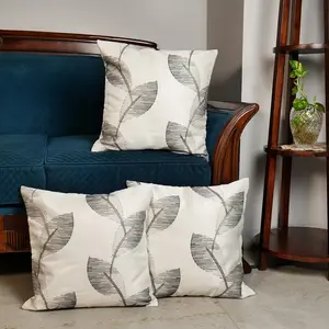 KHURJA POTTERY 'Black Leaves' Set of 5 Printed Organza Cushion Cover | Decorative Throw Hand Made White Cushion Cases (16 x 16 Inch 40 cm x 40 cm)