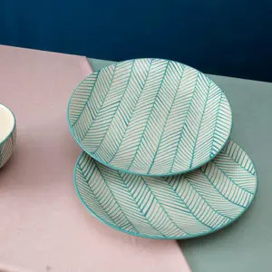 KHURJA POTTERY 'Green Stripe' Black Ceramic Plates for Dinner Stoneware Dinner Plate Dinnerware Serving Plates Microwave Safe and Dishwasher Safe (Set of 2 10.2 Inch)