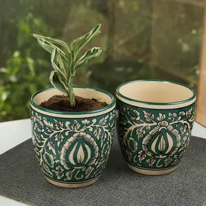 KHURJA POTTERY ' Turkish Forest' Ceramic Planter Pots for Indoor Plants Flower Pots for Garden Decoration Items (Set of 2 Forest Green)