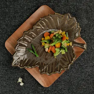 KHURJA POTTERY 'Serrated Brown Leaf' Serving Platter for Snacks - Platters Ceramic Platter Leaf Platter Starter Plates Microwave Safe (Dark Brown)