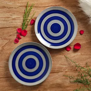 KHURJA POTTERY 'Whirlpool Dishes' Blue Ceramic Plates for Dinner Ceramic Dinnerware Plates Microwave Safe Plates (Set of 2 10.2 Inch)