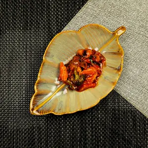 KHURJA POTTERY 'Yellow Leaf' Ceramic Platter for Serving | Platter Plate for Snacks Starters for Home Office | Apetizer Tray for Hotel & Restaurnats