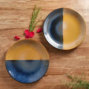 KHURJA POTTERY 'Dual Toned Ridges' Ceramic Plates for Dinner Ceramic Plate Ceramic Dinner Plates Microwave Safe Plates (Set of 2 Bluish Black & Light Brown 10.5 x 10.5 x 1.2 Inch)