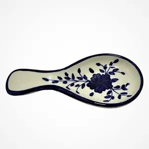 KHURJA POTTERY Ceramic Hand Painted Spoon Rest or Holder for Spoon Stand Rester on Dinning Table in Multicolored Printed (Blue Printed)