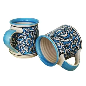 KHURJA POTTERY Ceramic Tea or Coffee Cup Set of 2 Handmade & Hand-Painted by Indian Artisans (Blue 2)