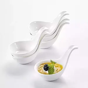 KHURJA POTTERY White Set of 6 Ceramic Small Spoon Shaped Dip Sauce Bowl Perfect to Serve Sauce Chutney Pickle (Off-White)