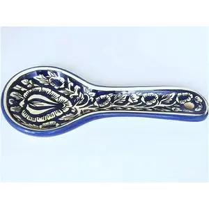 KHURJA POTTERY Ceramic Blue Art Hand Painted Spoon Rest or Holder for Kitchen or Dinning Table
