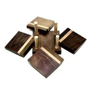 KHURJA POTTERY Handcrafted Sheesham Wooden Square Dining Coffee Table Tea Coasters (Brown Set of 4)
