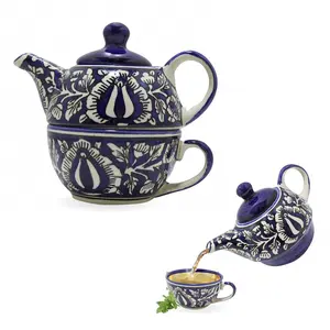KHURJA POTTERY Ceramic Tea Set 180 ml Cup & 380 ml Teapot Floral Printed No Strainer Serve Herbal Tea or Milk in Kettle (Blue)