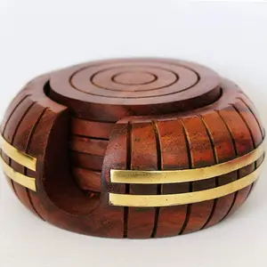 KHURJA POTTERY Wooden Handmade Carved Round Coasters in Brown Colour with Decorative Holder Set of 6 Coasters and 1 Piece Holder