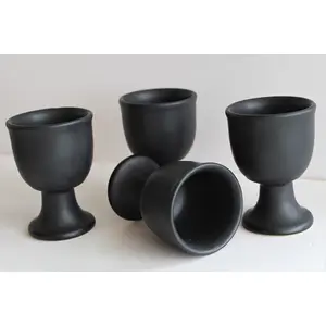 KHURJA POTTERY Ceramic Black Matte Soft or Hard Boiled Egg Holder Or Egg Cup Set of 4