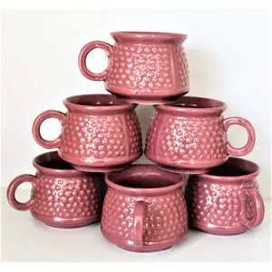 KHURJA POTTERY Ceramic 220ml Tea Cup Set of 6 Pink Colour Mugs Perfect to Serve Hot Beverages Like Hot Chocolate Milk Tea or Coffee