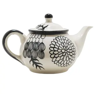 KHURJA POTTERY White 500ml Ceramic Black Floral Art Handmade Perfect for Serving Herbal Tea No Strainer with Kettle