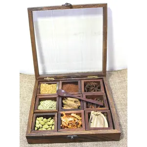 KHURJA POTTERY Sheesham Wooden Table Top Spice Box (Masala Dani) for Kitchen with Spoon (9 Small Spice Container Detachable) Best for Spicesand Festiable Gift