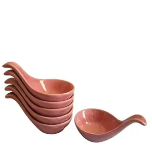 KHURJA POTTERY White Set of 6 Ceramic Small Spoon Shaped Dip Sauce Bowl Perfect to Serve Sauce Chutney Pickle (Red)